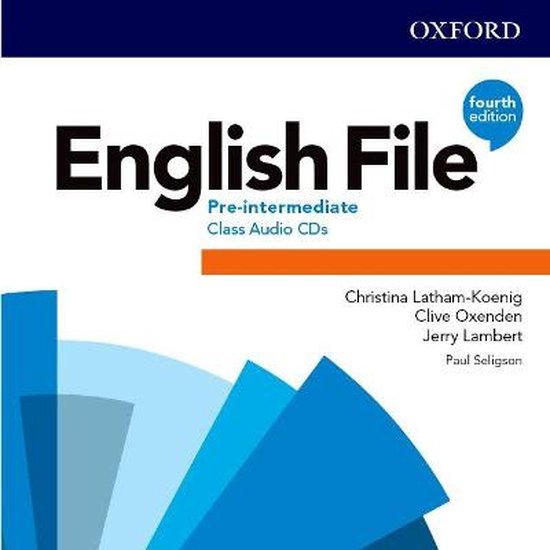 Boek kaft met 'English File Pre-intermediate Class Audio CDs' en 'fourth edition' in blauw en oranje.