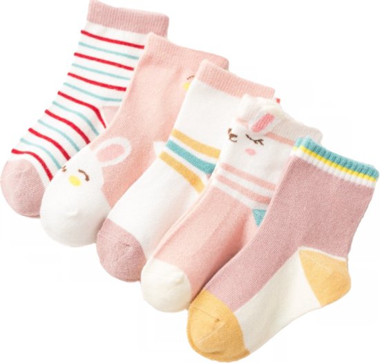 Kindersokken meisjes sokken - set van 5 paar - Konijn - Roze