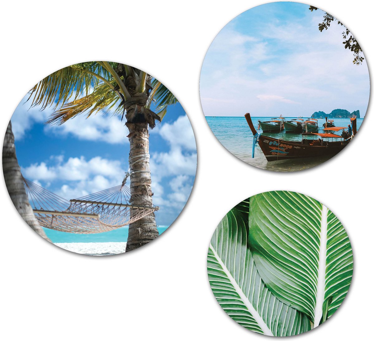 Forex Muurcirkel Set - Set Hangmat op het Strand - Set van 3 Wandcirkels met Ophangsystemen - 25x30x35
