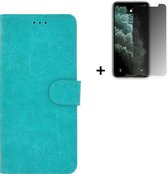 Hoesje iPhone 11 Pro + Screenprotector iPhone 11 Pro - iPhone 11 Pro Hoes Wallet Bookcase Turquoise + Privacy Tempered Glass