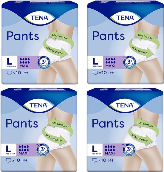 Vier pakken TENA Pants Maxi maat L in de verpakking met model die het product draagt.