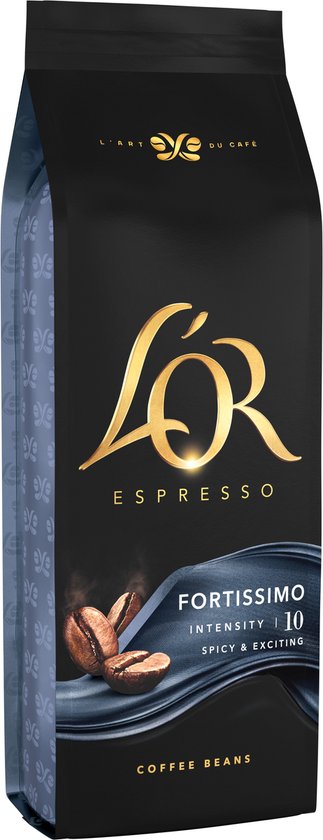 Zwarte zak L'OR Espresso Fortissimo koffiebonen met goudkleurig logo, intensiteit 10, met koffiebonen.
