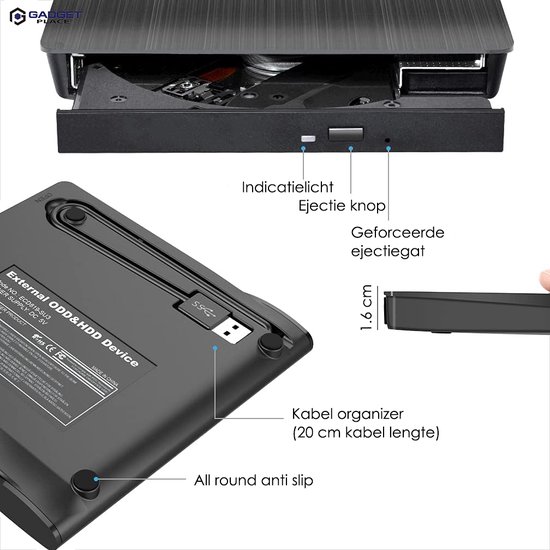 Externe DVD Speler en Brander voor Laptop & Macbook - DVD/CD - Met USB 3.0 en USB-C adapter - Optische drive - Plug & Play van Gadgetplace — afbeelding 5