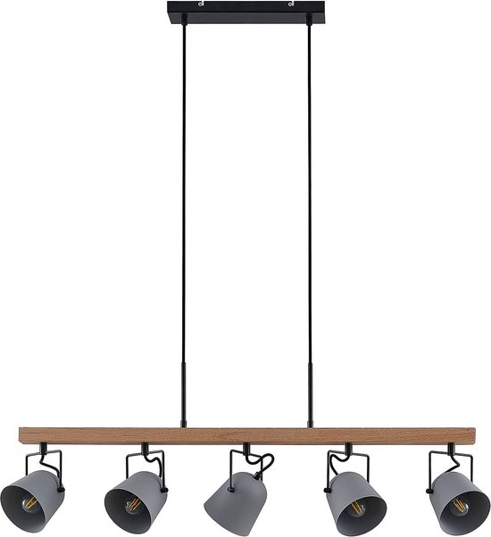 Lindby - hanglamp - 5 lichts - eiken, staal - E14 - grijs, hout licht, zwart