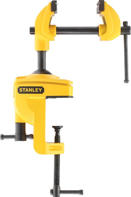 Gele Stanley boorklem met C-klemvoet en zwarte hendel.