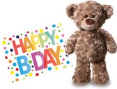 Pluche knuffel teddybeer knuffelbeer van 24 cm met A5-formaat Happy Birthday wenskaart