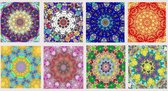 Acht Mandala&Kaleidoscoop wenskaarten. Duurzaam. Grote dubbele kaarten met enveloppe. Chique uitstraling met blanco binnenkant. Doen ook denken aan bloemharten. Kleuren blauw, rood geel en meerkleurig.