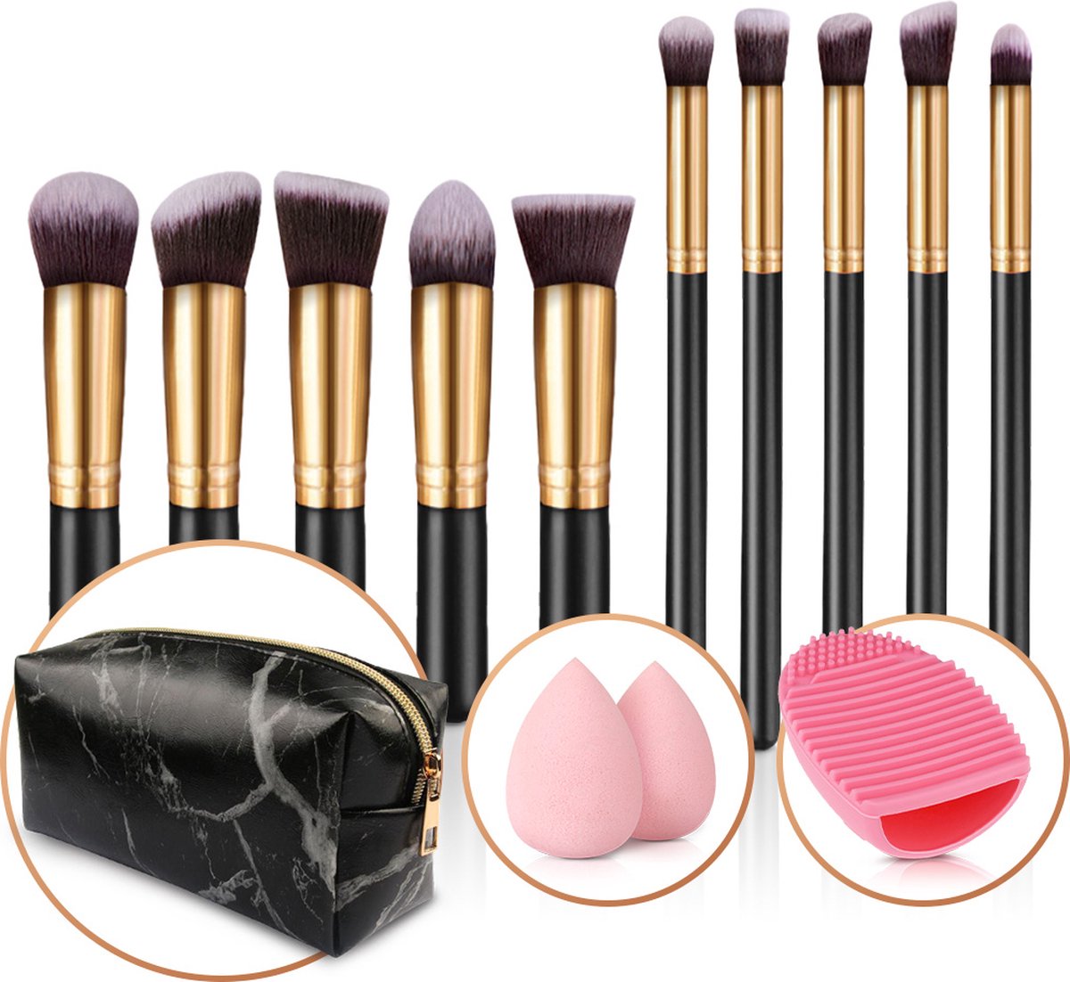 Evvie set van 10 make-up kwasten met beauty blender (2x) en brushegg in etui - zwart/goud