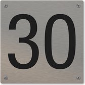 Huisnummerbord - huisnummer 30 - voordeur - 12 x 12 cm - rvs look - schroeven - naambordje nummerbord