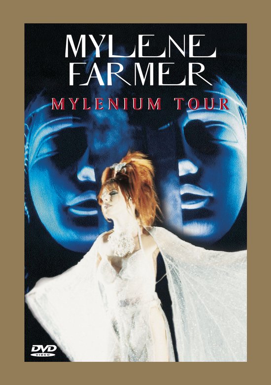 MYLENIUM TOUR: Mylène Farmer in een witte jurk met glitterende sluier voor blauwe maskers.