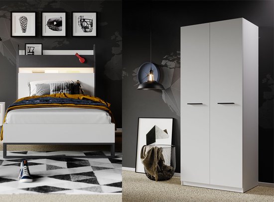 Industrieel. Kinderkamer/Tienerkamer. Legend 2-delig wit. bed. 2-Deurskast met LED verlichting