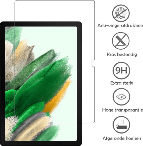 Protecteur d'écran pour Samsung Galaxy Tab A8 : anti-traces, résistant aux rayures, extra résistant, haute transparence, bords arrondis.