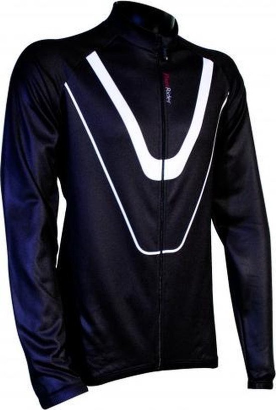 Zwart fietsshirt met witte V-strepen op de voorkant en rode 'Fast Rider' tekst.