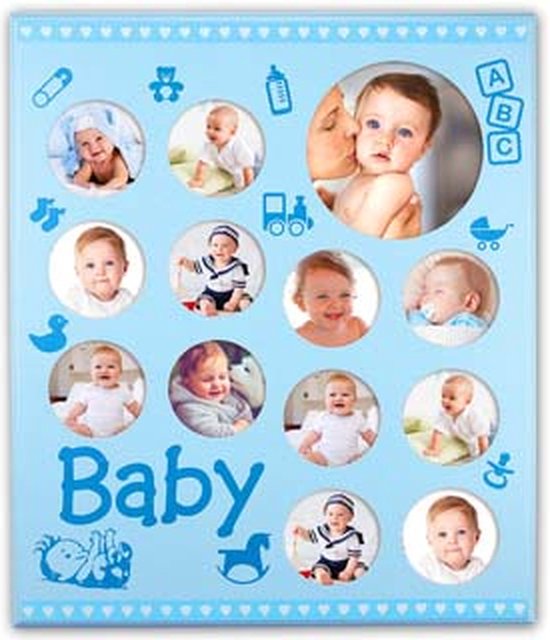 ZEP - Houten Baby Multi Fotolijst Baby Gallerie Blue voor foto formaat 12x8x8 14x14 - WG3BL