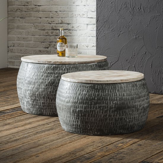 Salontafelset Rond 2 stuks – Ronde stalen tafels van Ø50cm en Ø60cm – Massief Mango Blad / Grijs – Industriële Salontafels voor Woonkamer -…