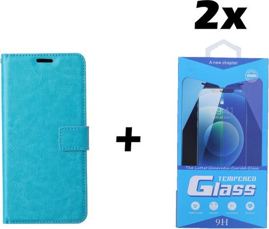 Coque de téléphone turquoise et emballage de verre trempé, indiqué comme 2x.