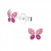 Oorbellen meisje | Zilveren kinderoorbellen | Zilveren oorstekers, roze vlinder met kristallen