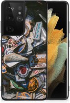 GSM Hoesje Geschikt voor Samsung Galaxy S21 Ultra Silicone Hoesje met Zwarte rand Badges