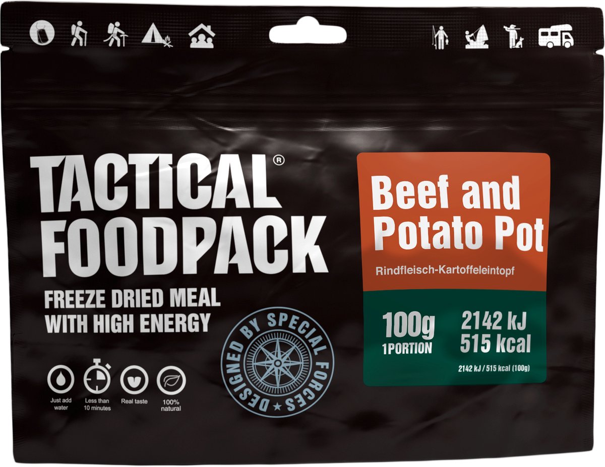 Tactical Foodpack Beef and Potato Pot (100g) - Komijn goulash aardappel en rundvlees - 515kcal - buitensportvoeding - vriesdroogmaaltijd - survival eten - prepper - 8 jaar houdbaar - lunch of avondmaaltijd