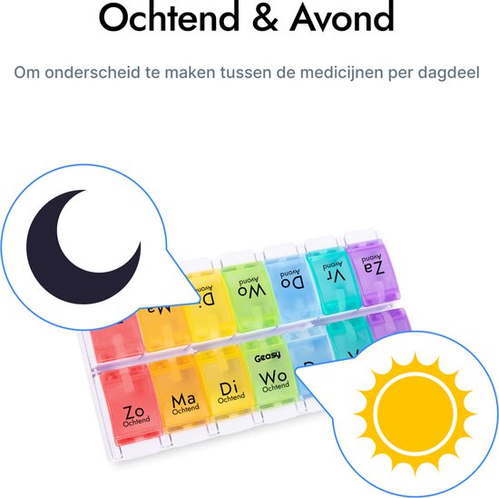 GEASY Pillendoos 7 dagen 2 Vakken - Pillendoosjes met handig kliksysteem - Grote vakken met sterke vergrendeling - Nederlandstalig - Medicijndoosje 7 dagen – Pillendoosjes 7 dagen 2 vakken – Pillendoosje