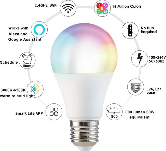 E&CT Trading - Ampoule Connectée Wi-Fi 7W - Ampoule LED Dimmable - Réveil  Smart APP -... | bol.com