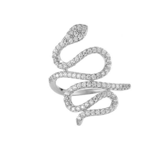 Verzilverde ring met draaiend slangendesign en glanzende stippen - edelstaal - Maat verstelbaar - zirkonia ring - verzilverd - damessieraden - zilver