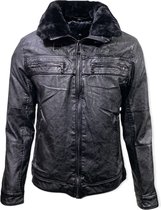 Heren jas - imitatieleer- winterjas met warme binnen voering en afneembare kraag-Zwart XXL