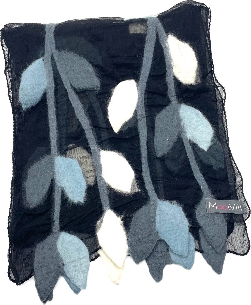 Vilten Sjaal - MOOIVILT - Zwart Wit Jeansblauw - 190x30cm - Vilt - Wolvilt - Kledingaccessoire - Winter accessoire - Dameskleding - Handgemaakt - Nepal – Fair Trade