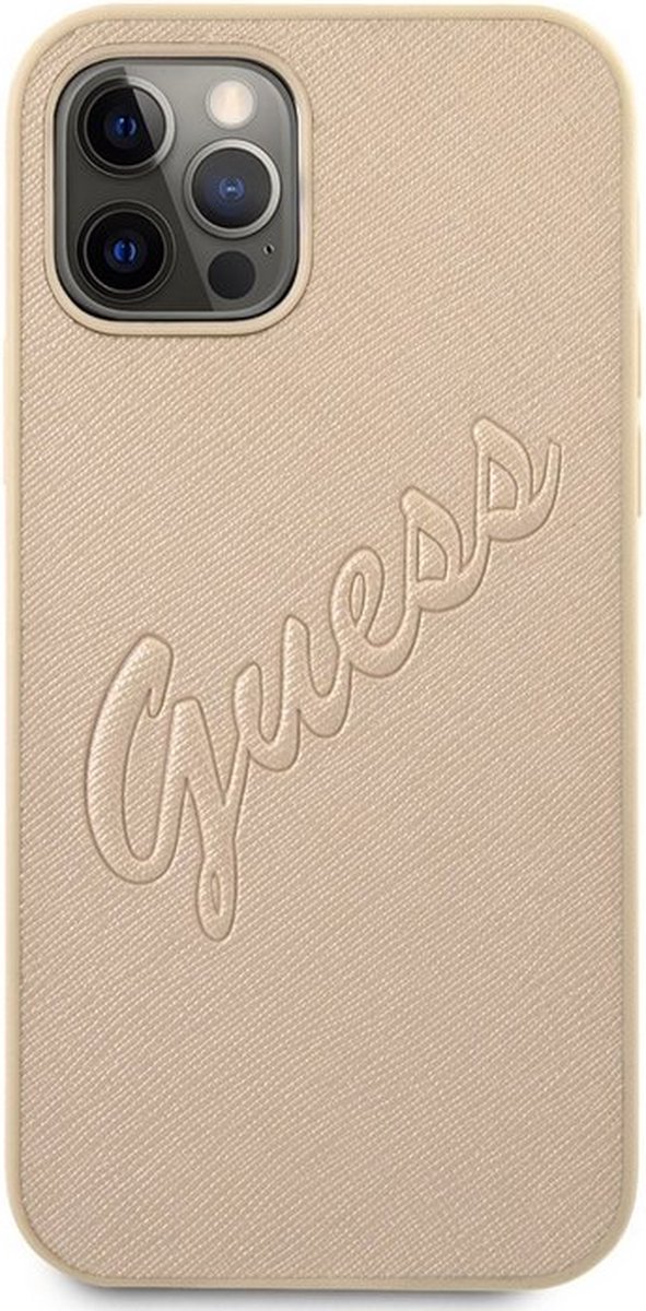 Guess Saffiano Vintage Back Case - Geschikt voor Apple iPhone 12/12 Pro (6.1") - Goud
