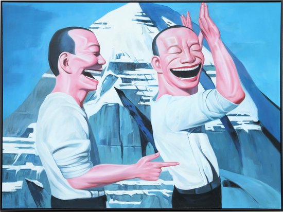 Fine Asianliving Olieverf Schilderij 100% Handgeschilderd 3D met Reliëf Effect en Zwarte Omlijsting 90x120cm Yue Min Jun Reproductie Twee Lachende Mannen