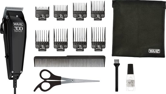 Wahl 300 Series tondeuse met 10 opzetkammen, schaar, kam, borstel, olie en opbergzak.