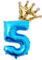 Folieballon Cijfer 5 Jaar MEGA Blauw met Gouden Kroon - 81 CM voor Helium Gas of Lucht - Verjaardag - Feestje