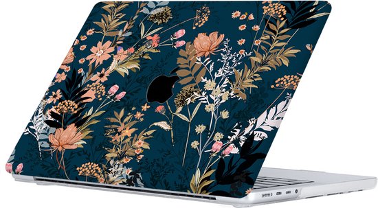 MacBook Pro avec une housse bleu foncé ornée d'un imprimé floral aux teintes rose, orange et beige.