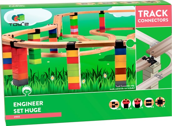 Toy2 Track Connectors Engineer Set Huge Treinbaanonderdelen - Houten Treinbaan - Voor LEGO DUPLO©, BRIO©, IKEA