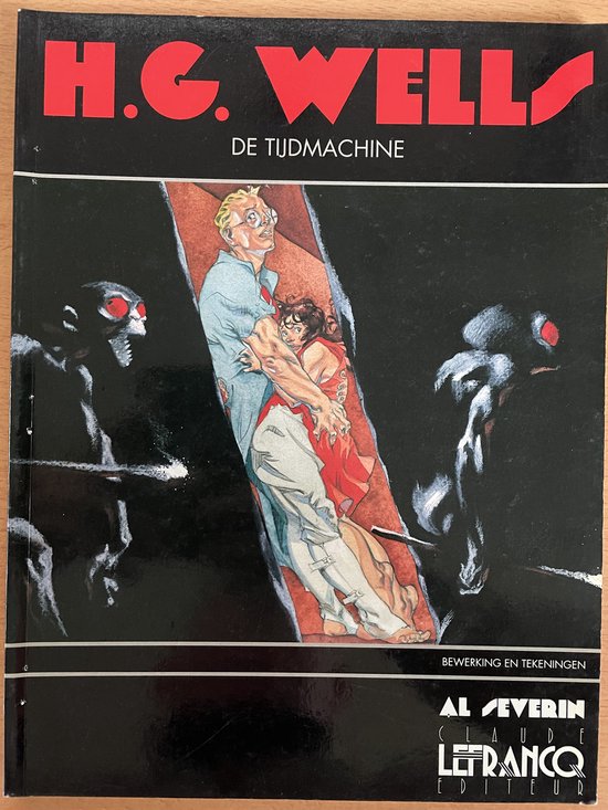 De voorkant van het boek 'De Tijdmachine' met een illustratie van een koppel en de tekst 'H.G. WELLS'.