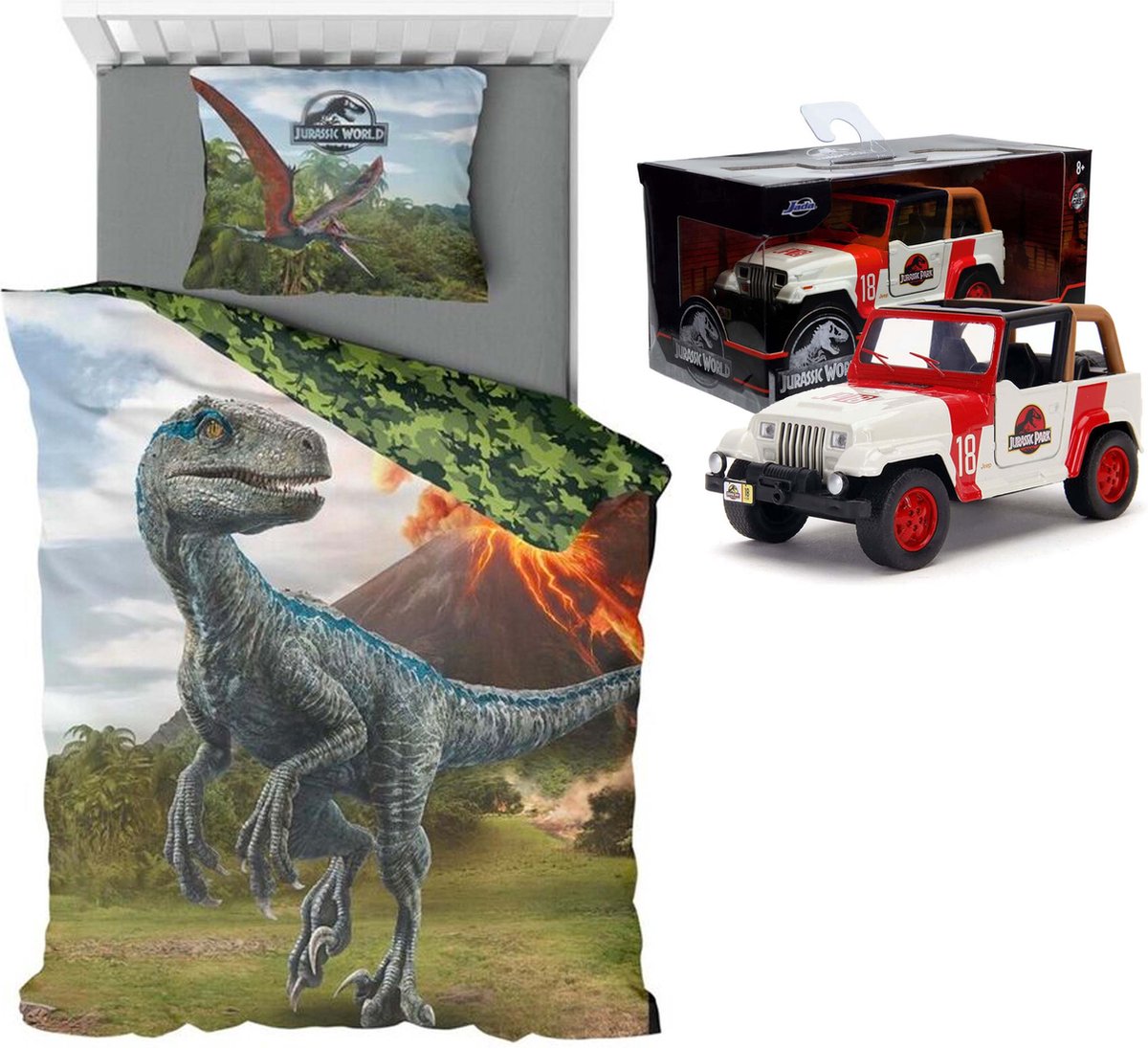 Jurassic World Dino Dekbedovertrek- 140x200- Polyester- 1persoons- Dinosaurus- incl. Jurassic World Jeep Wrangler 1:32