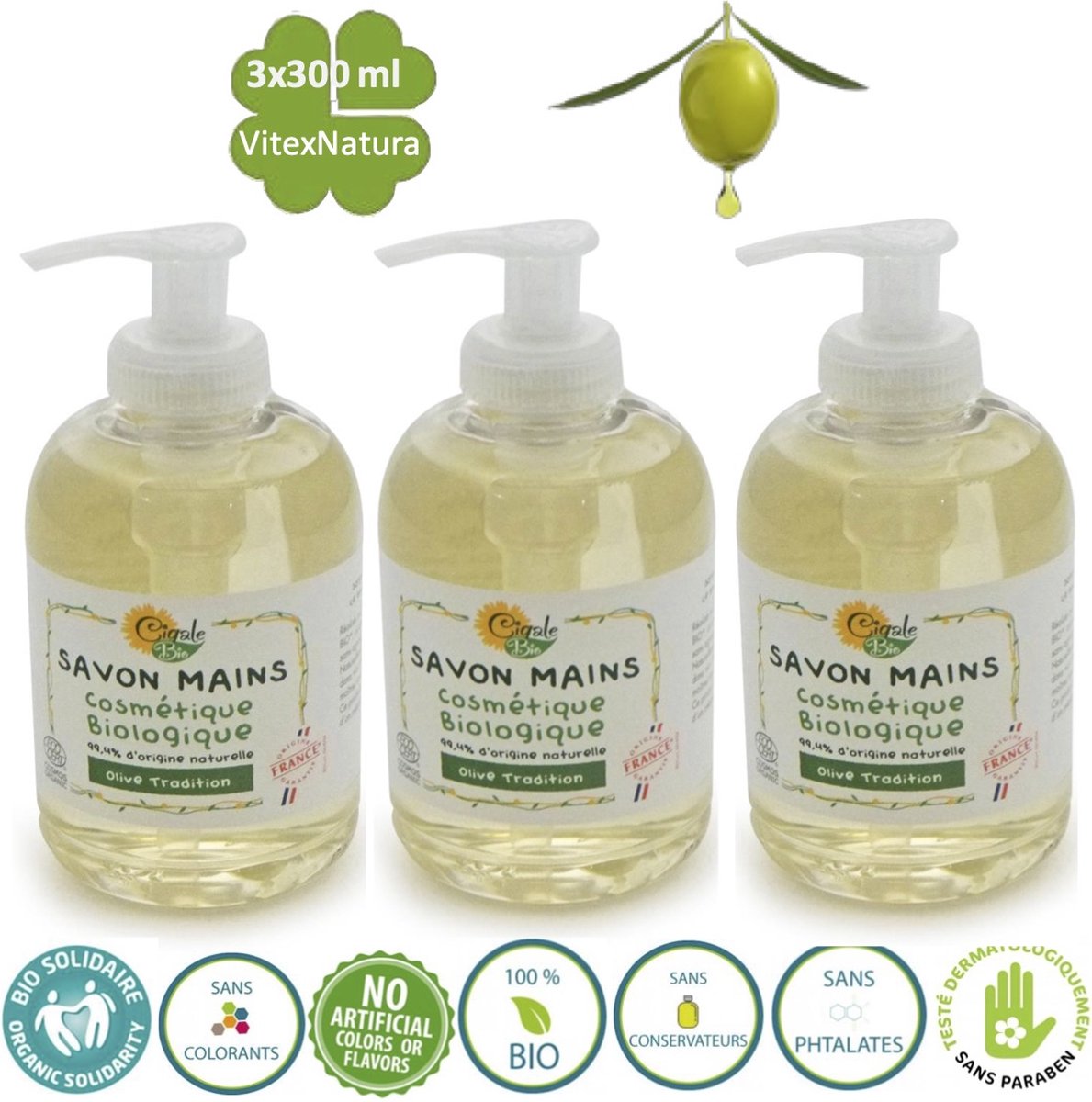 Goedkoopste Ruwe Olijfolie | handzeep 3x300ml | Ingrediënten uit biologische landbouw | Cigale Bio