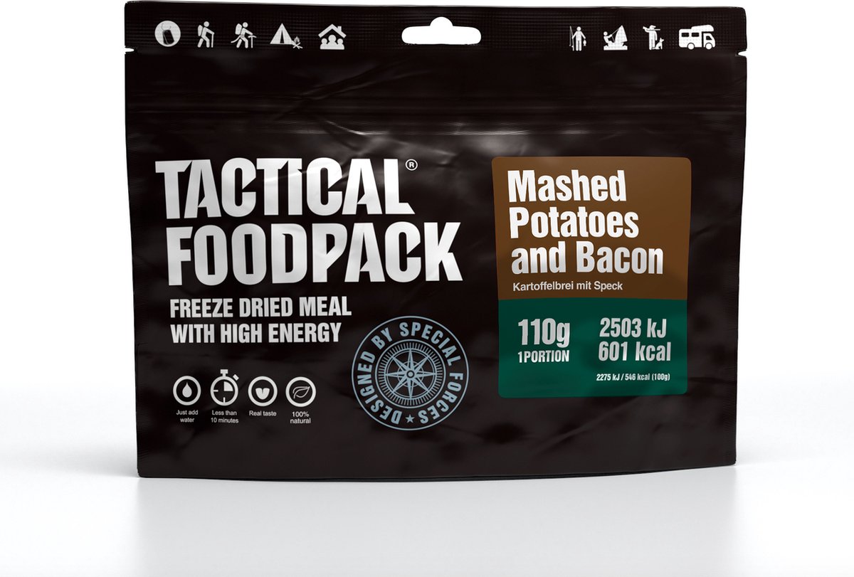 Tactical FoodPack Mashed Potatoes and Bacon (110g) - 601kcal - Aardappel met spek - buitensportvoeding - vriesdroogmaaltijd - survival eten - prepper - 8 jaar houdbaar - lunch of avondeten