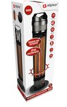 Verpakking van een zwarte alpina infrarood staande heater, 800W, IP44 waterdicht, voor binnen en buiten.