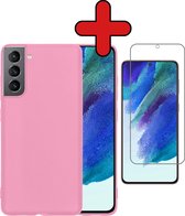 Samsung S21 FE Hoesje Siliconen Case Cover Met Screenprotector - Samsung Galaxy S21 FE Hoesje Cover Hoes Siliconen Met Screenprotector - Licht Roze