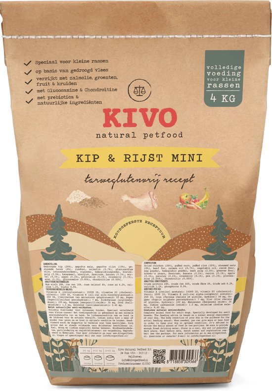 Kivo Petfood - Hondenbrokken koudgeperst Kip & Rijst MINI adult 4 kg - Tarweglutenvrij
