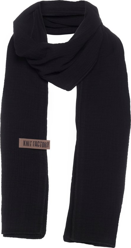 Knit Factory Liv Sjaal Dames - Katoenen sjaal - Langwerpige sjaal - Zwarte zomersjaal - Dames sjaal - Zwart - 200x40 cm - Duurzaam & Milieuvriendelijk - 100% Biologisch katoen