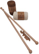 Macramé pakket - 2x Macramé garen (Ecru/Caramel) - 2 houten stokken en 24 kralen - Diy