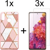 Samsung S21 Plus Hoesje - Samsung Galaxy S21 Plus Hoesje Marmer Roze Driehoek Print Siliconen Case - 3x Samsung S21 Plus Screenprotector