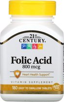 Voordeelpakket Foliumzuur / Folic Acid / 800 mcg / 21st Century Vitamins / 2 x 180 stuks