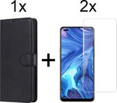 Oppo Reno 4 5G hoesje bookcase met pasjeshouder zwart wallet portemonnee book case cover - 2x Oppo Reno 4 5G screenprotector