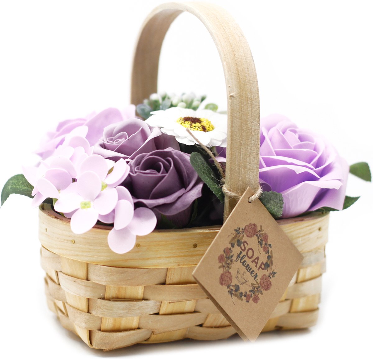 Zeep Bloemen Boeket in Rieten Mand - Lila - Medium - 16x11x12cm