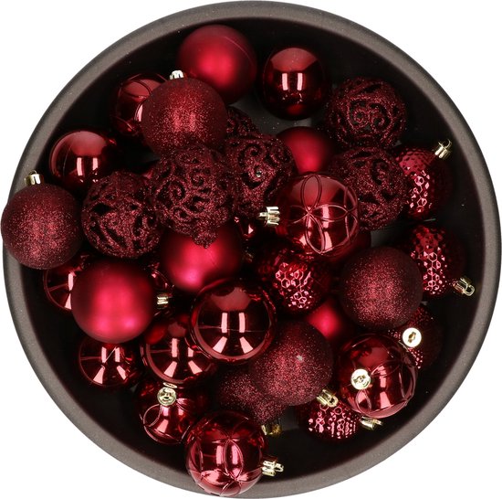 Bellatio Decorations Kerstballen - 37 stuks - kunststof - donkerrood - onbreekbaar - 6 cm