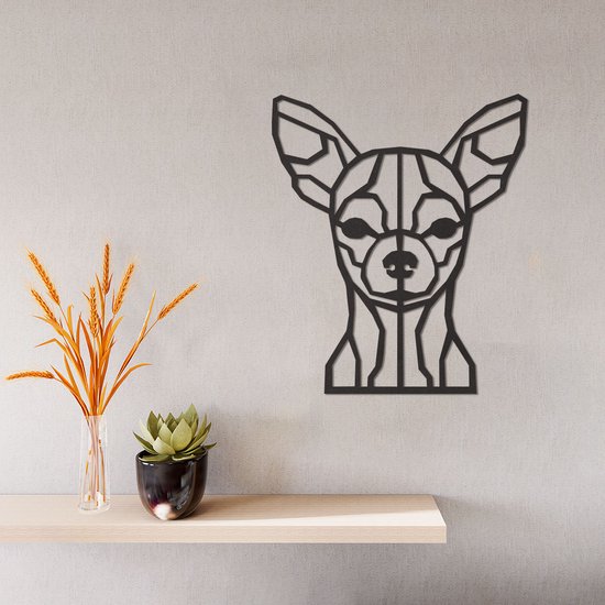 Geometrische Wanddecoratie - Chihuahua - Hout - Wall Art - Muurdecoratie - Zwart - 34 x 29 cm