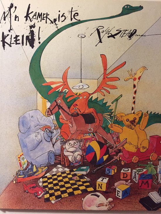 Une illustration colorée de divers animaux et jouets dans une chambre en désordre, avec le texte 'Ma chambre est trop petite !'.